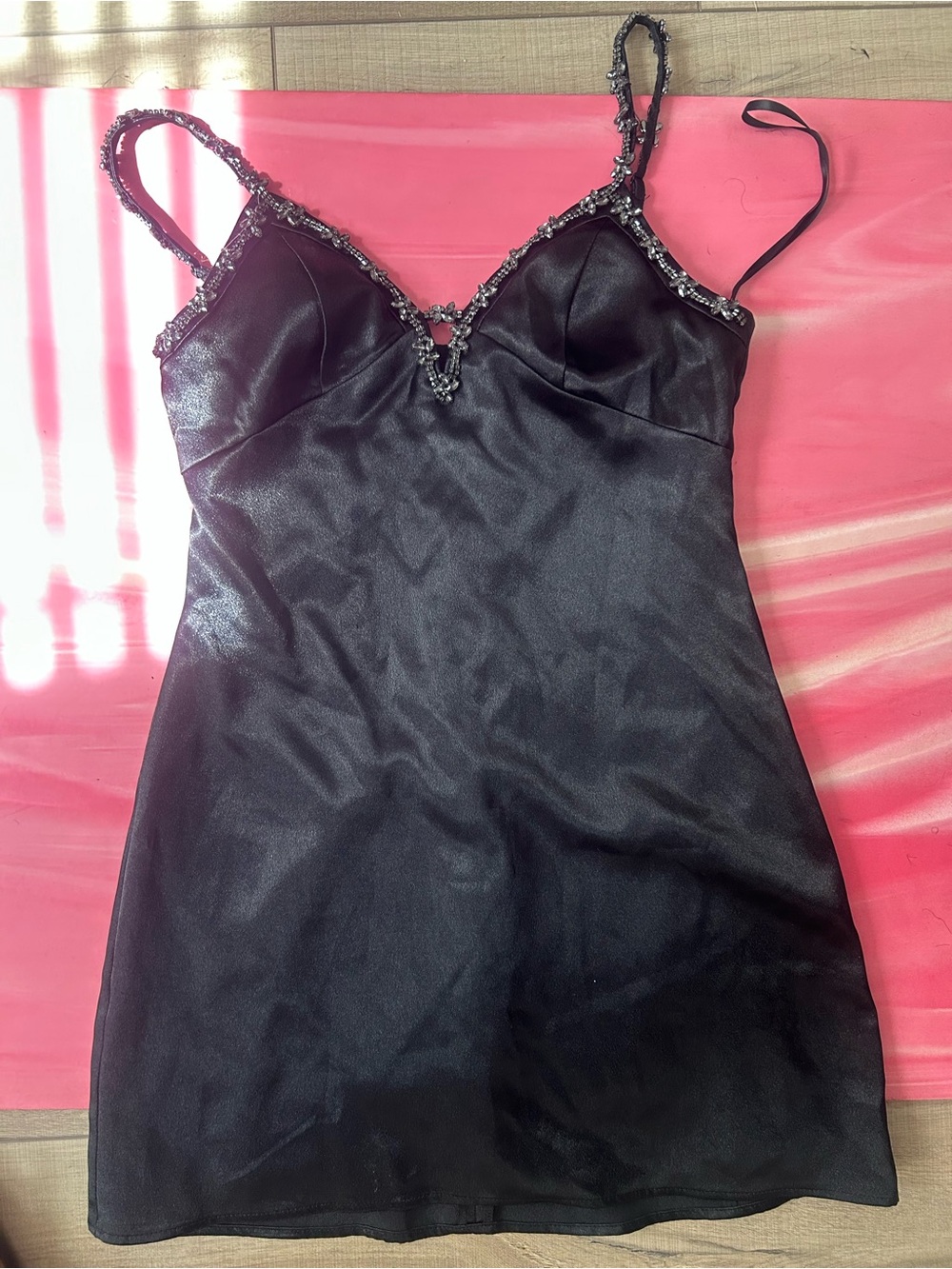 REVOLVE Black Satin Mini Slip Dress with Beaded Trim